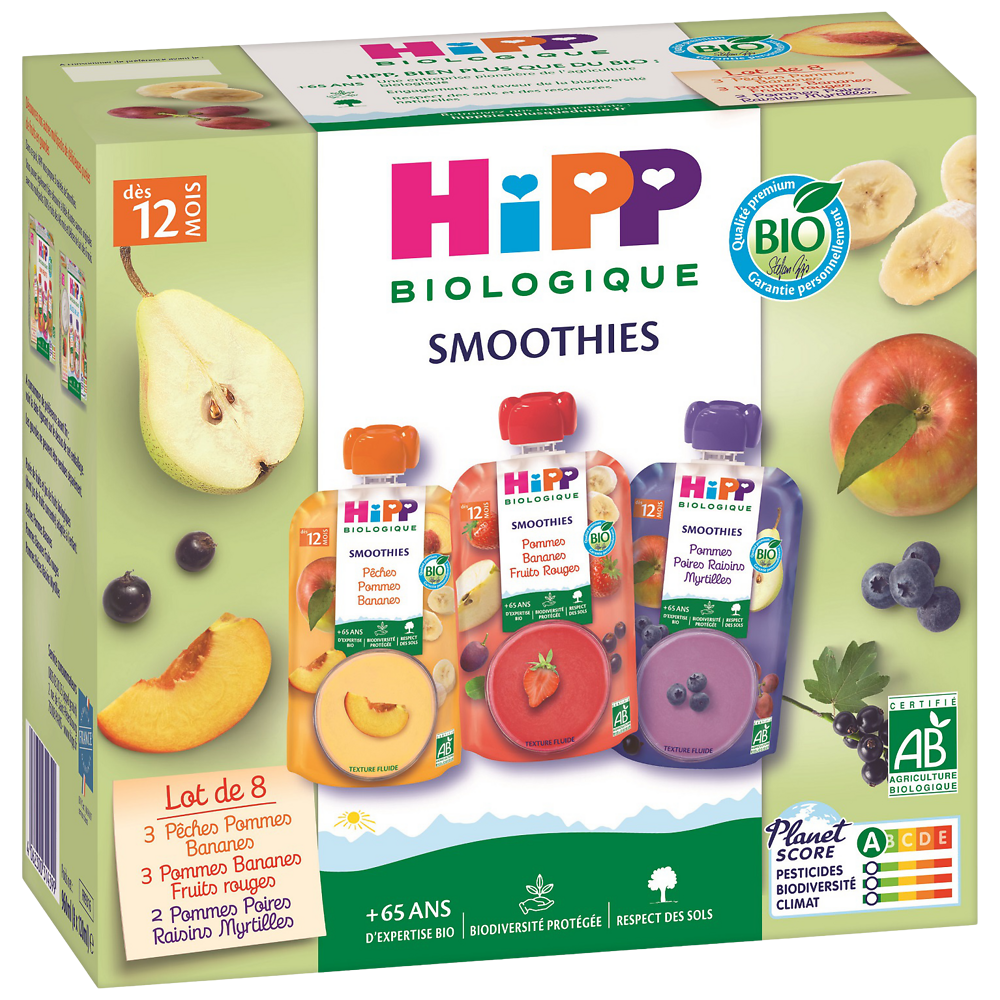 Purée de fruits et jus de fruits 3 variétés bio HIPP, dès 12 mois,  8x120ml