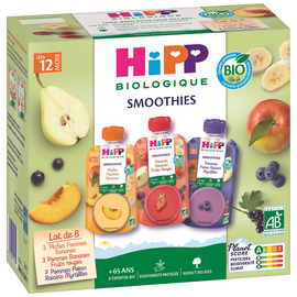 Purée de fruits et jus de fruits 3 variétés bio HIPP, dès 12 mois,  8x120ml