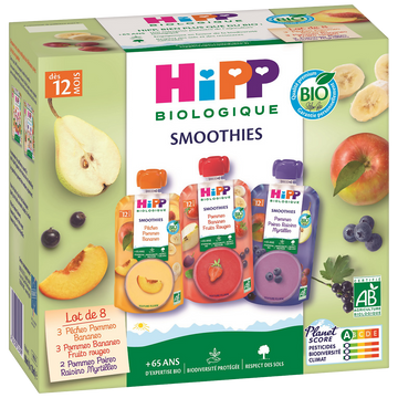 Purée de fruits et jus de fruits 3 variétés bio HIPP, dès 12 mois,  8x120ml