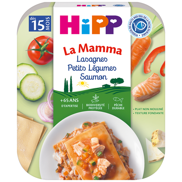 HIPP LA MAMMA - Plat bébé du midi Lasagnes petits légumes saumon, dès15 mois - 250g