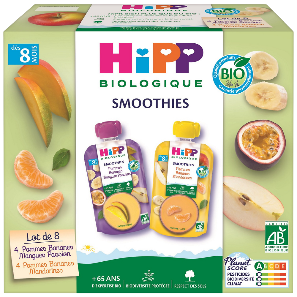 Gourde fruits à boire 2 variétés dès 8 mois bio HIPP, 8x90ml