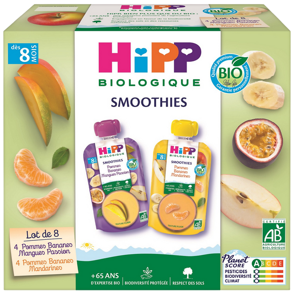 Gourde fruits à boire 2 variétés dès 8 mois bio HIPP, 8x90ml