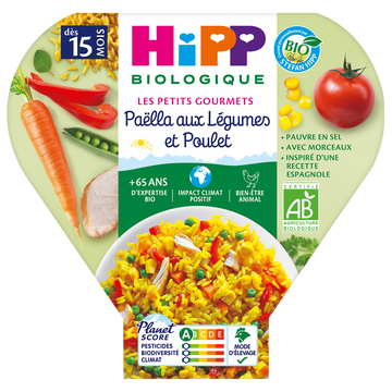Petit pot bio pour bébé paëlla de légumes et poulet HIPP, dès 15 moisassiette 250g