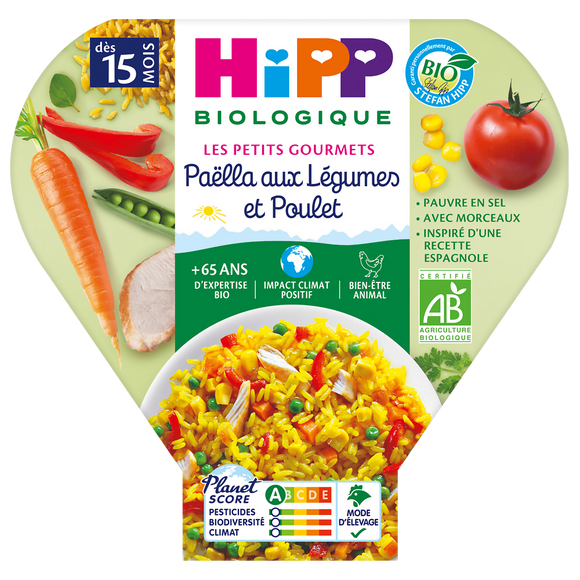 Petit pot bio pour bébé paëlla de légumes et poulet HIPP, dès 15 moisassiette 250g