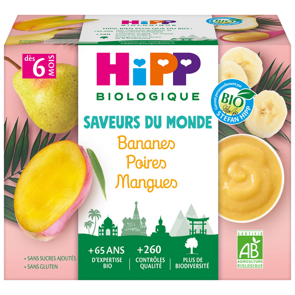 Coupelles bananes/poires/mangues dès 6 mois Bio HIPP 4X100g