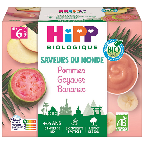 HIPP SAVEURS DU MONDE - Dessert bébé Pommes, Goyaves, Bananes, de 6 à12 mois - 4x100g