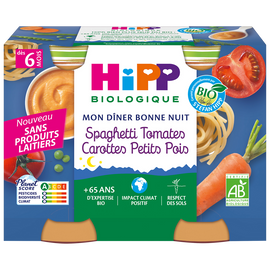 Mon dîner bonne nuit spaghetti tomates carottes petits pois dès 6 moisbio HIPP 2x190g