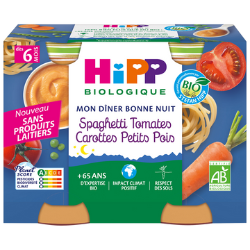 Mon dîner bonne nuit spaghetti tomates carottes petits pois dès 6 moisbio HIPP 2x190g