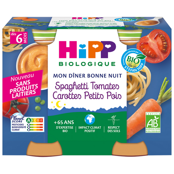 Mon dîner bonne nuit spaghetti tomates carottes petits pois dès 6 moisbio HIPP 2x190g