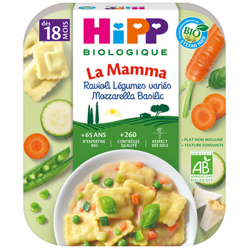 Assiette pour bébé bio Ravioli Légumes variés Mozzarella Basilic assiette 250g dès