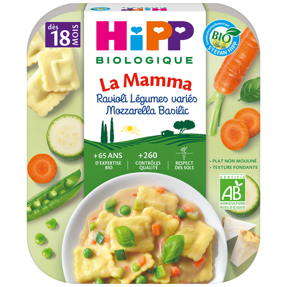 Assiette pour bébé bio Ravioli Légumes variés Mozzarella Basilic assiette 250g dès