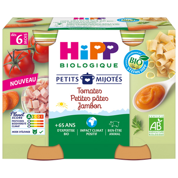 Plat bébé Petits mijotés tomates petites pâtes jambon dés 6 mois HIPPBIOLOGIQUEpots 2x190g