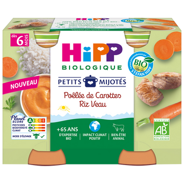 Petits mijotés poélée de carottes riz veau dés 6 mois HIPP BIOLOGIQUE2x190g