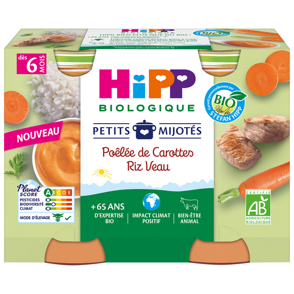Petits mijotés poélée de carottes riz veau dés 6 mois HIPP BIOLOGIQUE2x190g