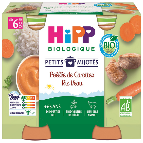 HIPP PETITS MIJOTES - Petits mijotés poélée de carottes riz veau, de 6à 12 mois - 2x190g