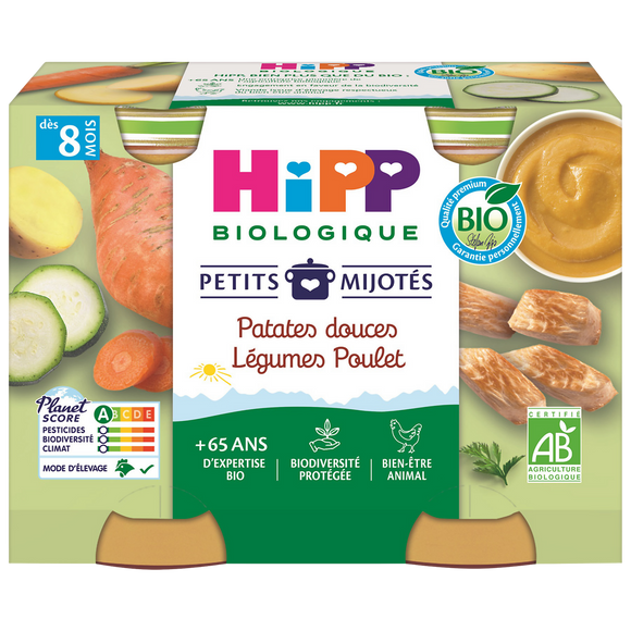 Patates douces légumes poulet petits mijotés dés 8mois bio HIPP 2x190g