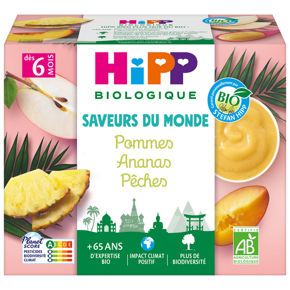 Saveurs du monde pommes ananas pêches bio dès 6 mois HIPP BIOLOGIQUE 4x100g