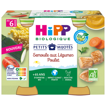Petits mijotés semoule aux légumes poulet dés 6 mois HIPP BIOLOGIQUEpots 2x190g
