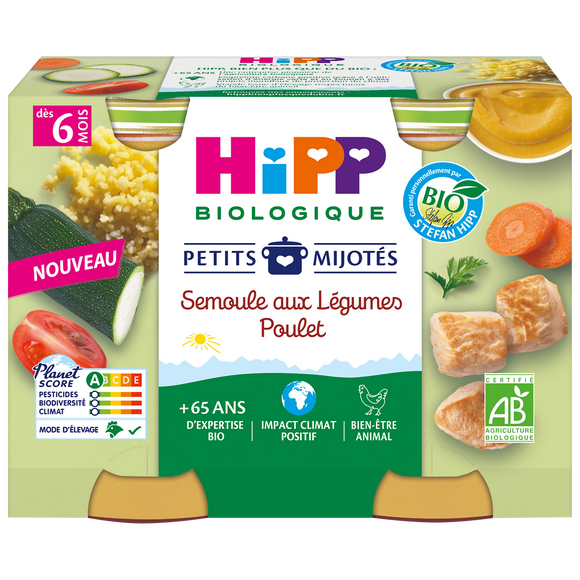 Petits mijotés semoule aux légumes poulet dés 6 mois HIPP BIOLOGIQUEpots 2x190g