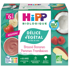 Délice végétal au lait de coco brassé bananes pommes framboises dés 6mois bio HIPP BIOLOGIQUE coupelles 4x100g