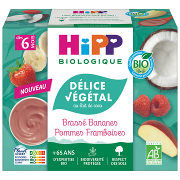 Délice végétal au lait de coco brassé bananes pommes framboises dés 6mois bio HIPP BIOLOGIQUE coupelles 4x100g