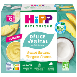 Délice végétal au lait de coco brassé bananes mangues ananas dés 6 mois bio HIPP BIOLOGIQUE coupelles 4x100g