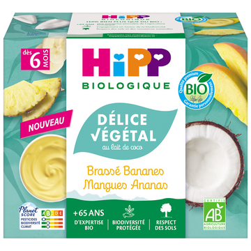 Délice végétal au lait de coco brassé bananes mangues ananas dés 6 mois bio HIPP BIOLOGIQUE coupelles 4x100g