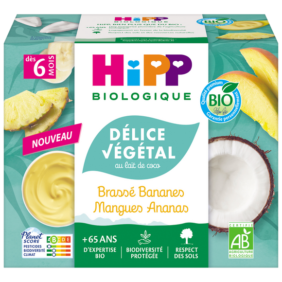 Délice végétal au lait de coco brassé bananes mangues ananas dés 6 mois bio HIPP BIOLOGIQUE coupelles 4x100g
