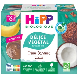 Délice végétal au lait coco créme bananes cacao dés 6 mois bio HIPP BIOLOGIQUE coupelles 4x100g