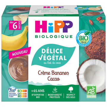 Délice végétal au lait coco créme bananes cacao dés 6 mois bio HIPP BIOLOGIQUE coupelles 4x100g
