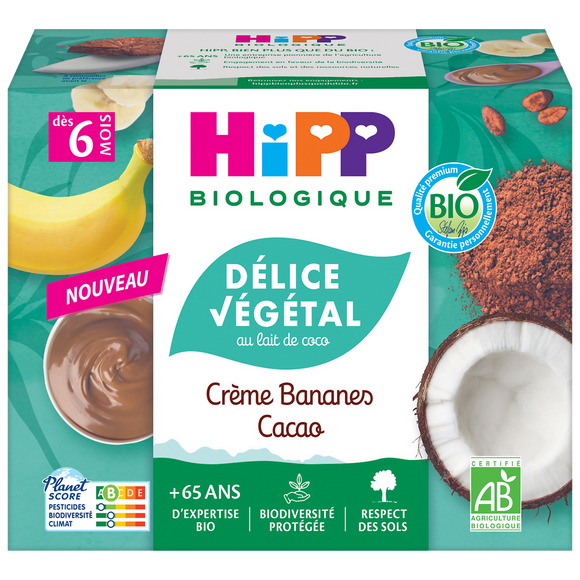 Délice végétal au lait coco créme bananes cacao dés 6 mois bio HIPP BIOLOGIQUE coupelles 4x100g
