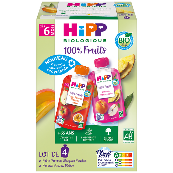 Gourdes 100% fruits 2 mangues passion 2 ananas pêches bio dés 6 moisHIPP 4x90g