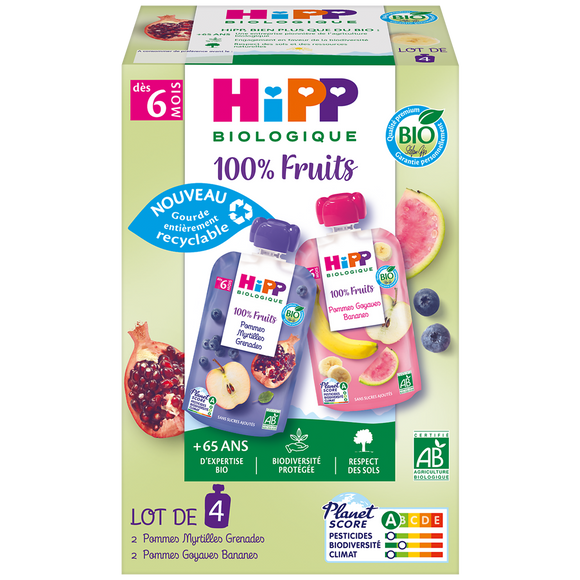Gourdes 100% fruits 2 pommes myrtilles grenades 2 pommes goyaves biodés 6 mois HIPP 4x90g