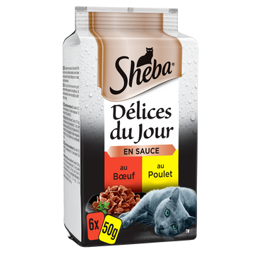 Sachets fraîcheur chat Délices du Jour boeuf et poulet en sauce SHEBA- 6x50g