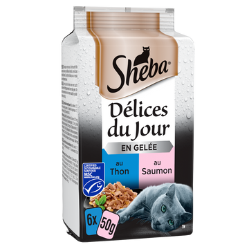 Sachets fraîcheur chat Délices du Jour thon et saumon en gelée SHEBA -6x50g