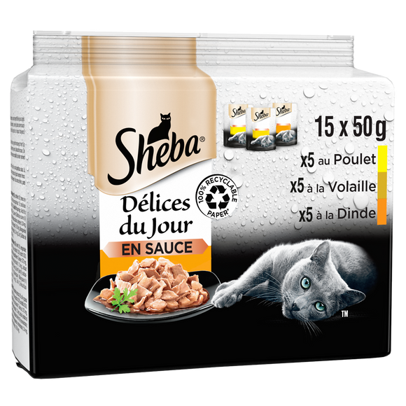 Sachets fraîcheur chat Délices du Jour à la volaille en sauce SHEBA -15x50g