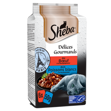 Sachets fraîcheur chat Délices Gourmands boeuf poisson en sauce SHEBA- 6x50g