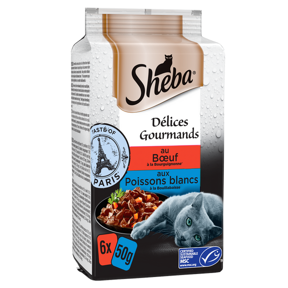 Sachets fraîcheur chat Délices Gourmands boeuf poisson en sauce SHEBA- 6x50g