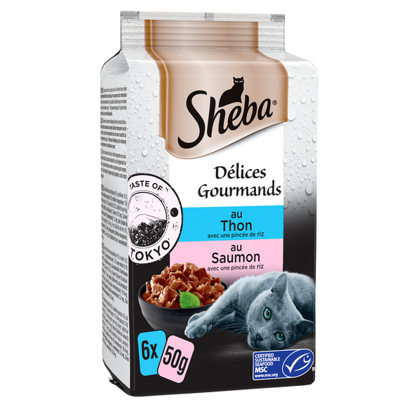 Sachets fraîcheur chat Délice Gourmands thon saumon en sauce SHEBA - 6x50g