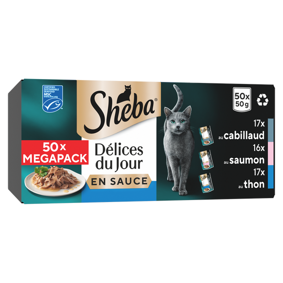 MégaPack Sachet fraîcheur chat Délice du Jour poissons en sauce SHEBA- 50x50g - 2,500kg