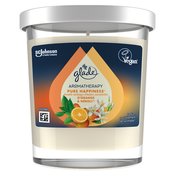 Bougie aromathérapie pure hapiness orange et néroli sans huile depalme GLADE 180g