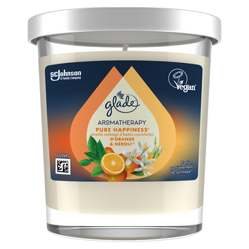 Bougie aromathérapie pure hapiness orange et néroli sans huile depalme GLADE 180g