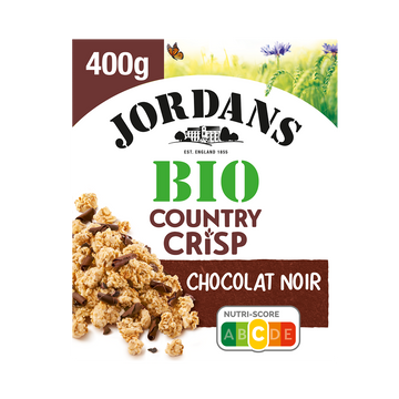 Céréales bio Country crisp chocolat noir et éclats de fèves de cacao JORDANS, paquet de 400g