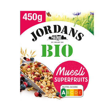 Céréales bio muesli superfruits complètes JORDANS, boîte de 450g