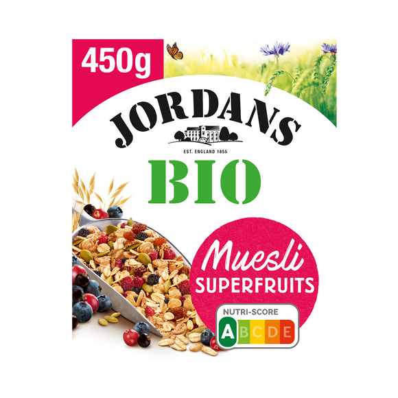 Céréales bio muesli superfruits complètes JORDANS, boîte de 450g