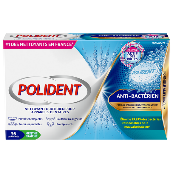 Comprimé nettoyant anti bactérien POLIDENT pouvoir actif x36