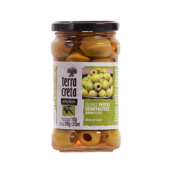 Olives vertes dénoyautées Sélection TERRA CRETA, pot en verre de 145g