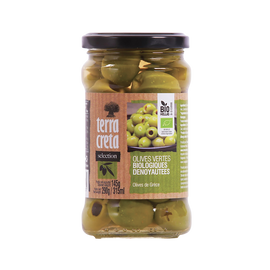 Olives vertes bio dénoyautées Sélection TERRA CRETA, pot en verre de 145g