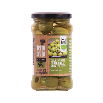 Olives vertes bio dénoyautées Sélection TERRA CRETA, pot en verre de 145g
