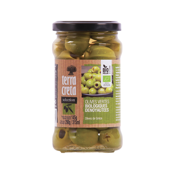 Olives vertes bio dénoyautées Sélection TERRA CRETA, pot en verre de 145g
